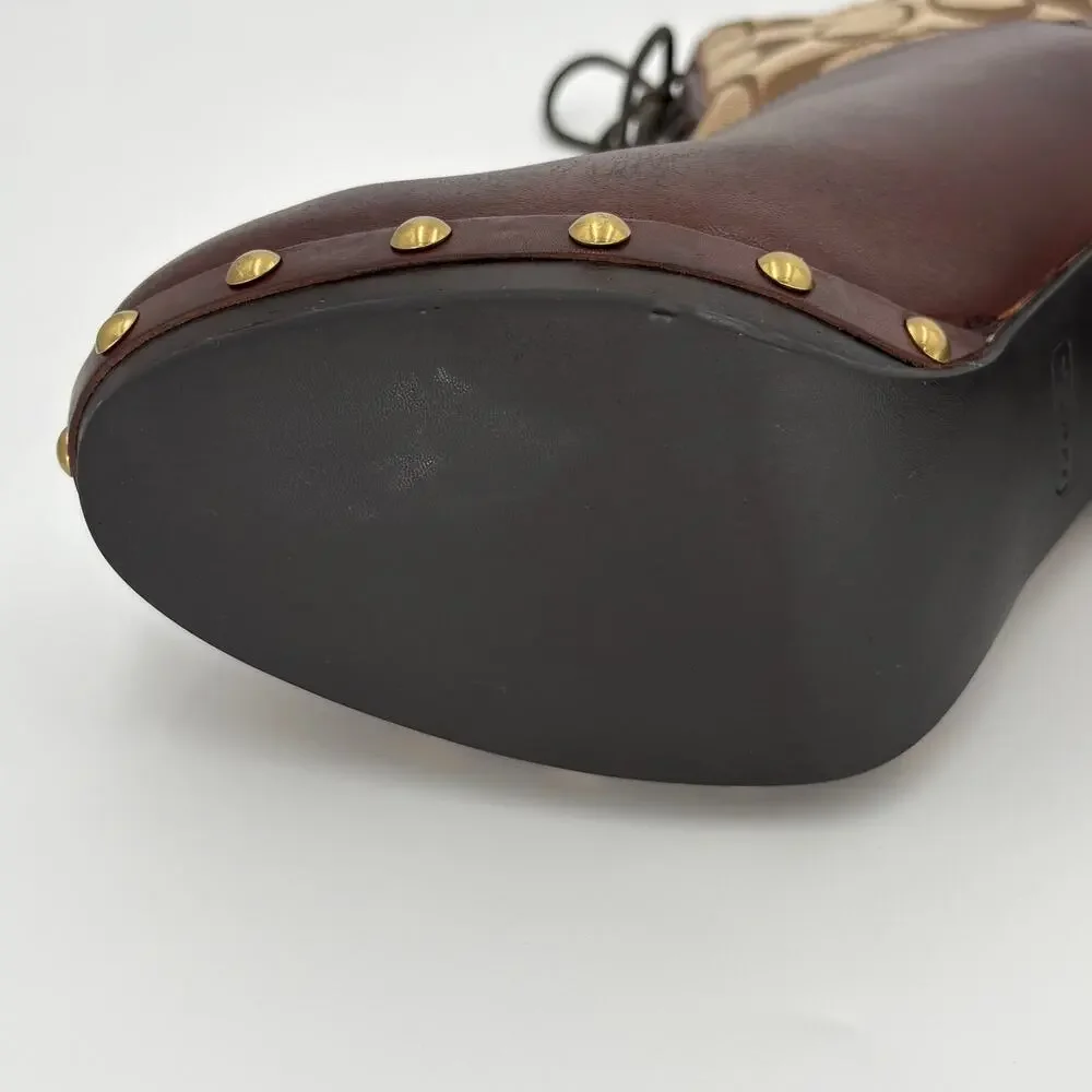 Coach F2370 Ediva Monogram Lace Up Block Heel Booties Brown Leather Size 9